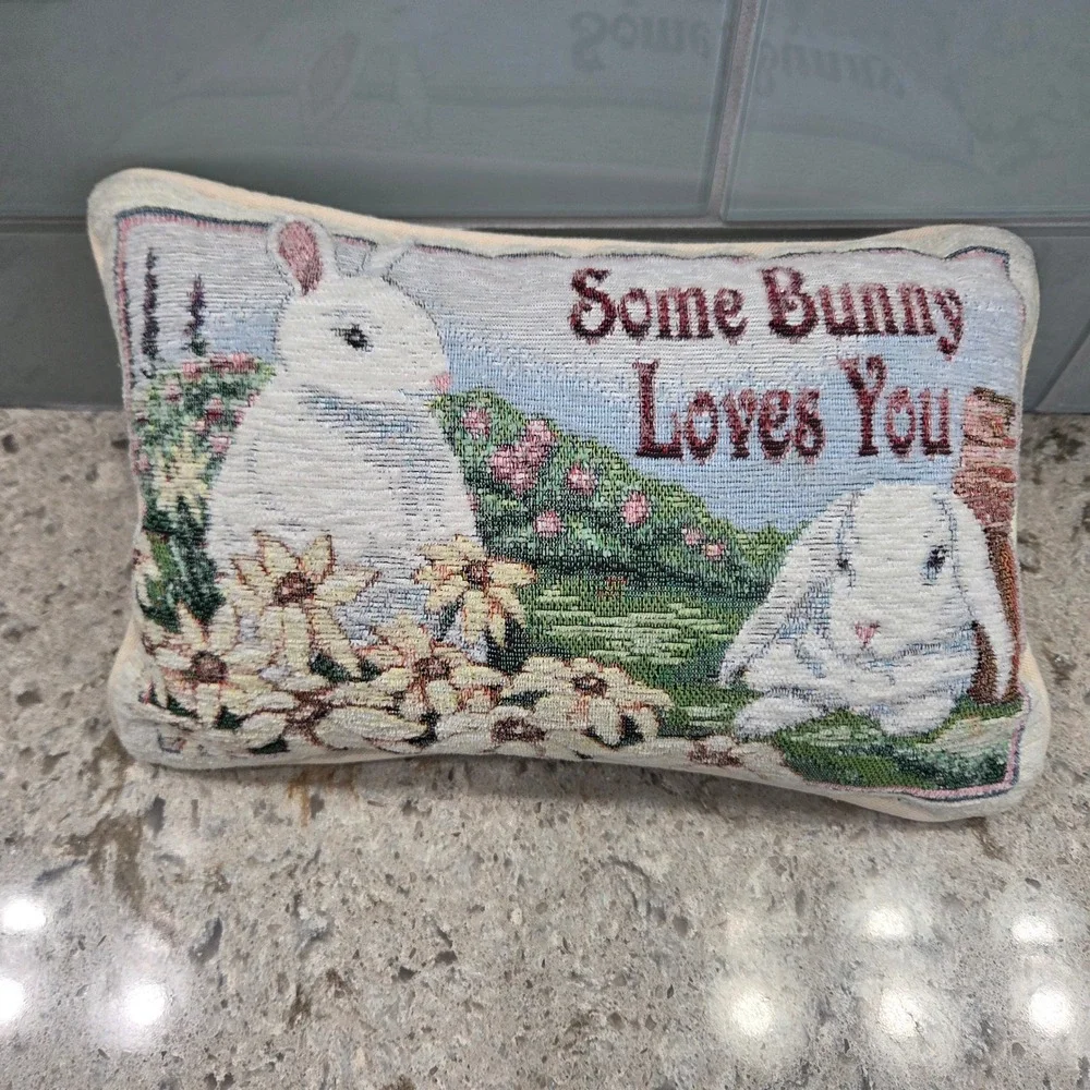 Vintage‎ Tapestry Bunny Accent Pillow Some Bunny Loves You Easter Decor 12x8